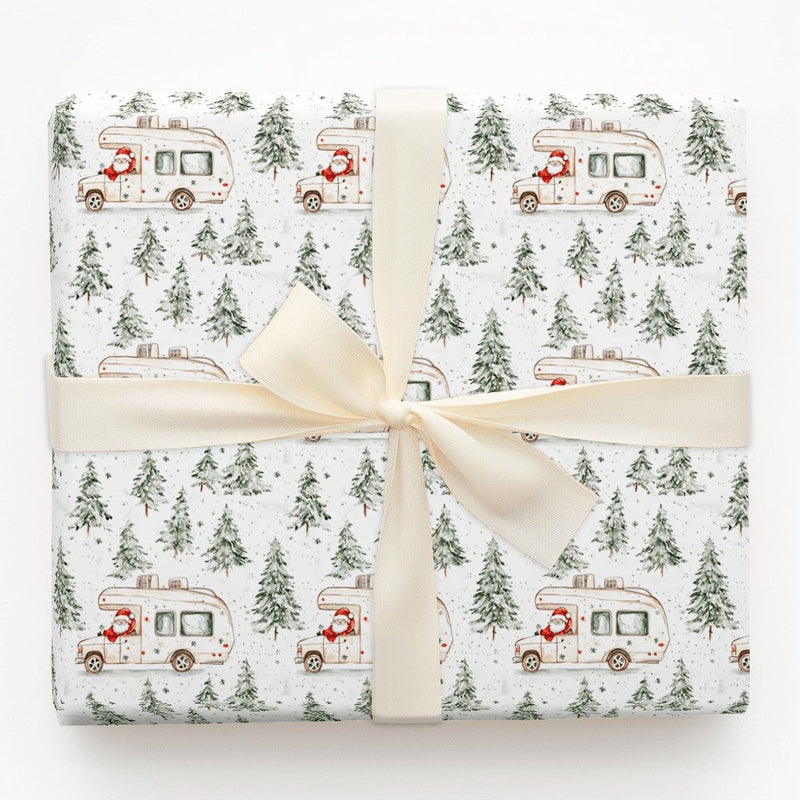 RV Road Trip Christmas Gift Wrap, Santa Camper Wrapping Paper, Watercolor Pine Forest Wrapping Paper