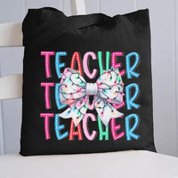 Festive Red Bow Canvas Tote Bag, Teacher Christmas Tote Bag, Adorable Holiday Educator Shoulder Bag, Winter School Book Bag, Xmas Present for Her
