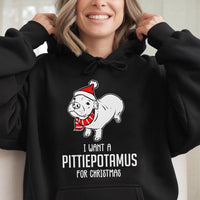 Adorable Pitbull Santa Hat Hooded Sweatshirt, I Want A Pittiepotamus for Christmas Hoodie, Humorous Dog Lover Xmas Pullover, Bully Mom Present