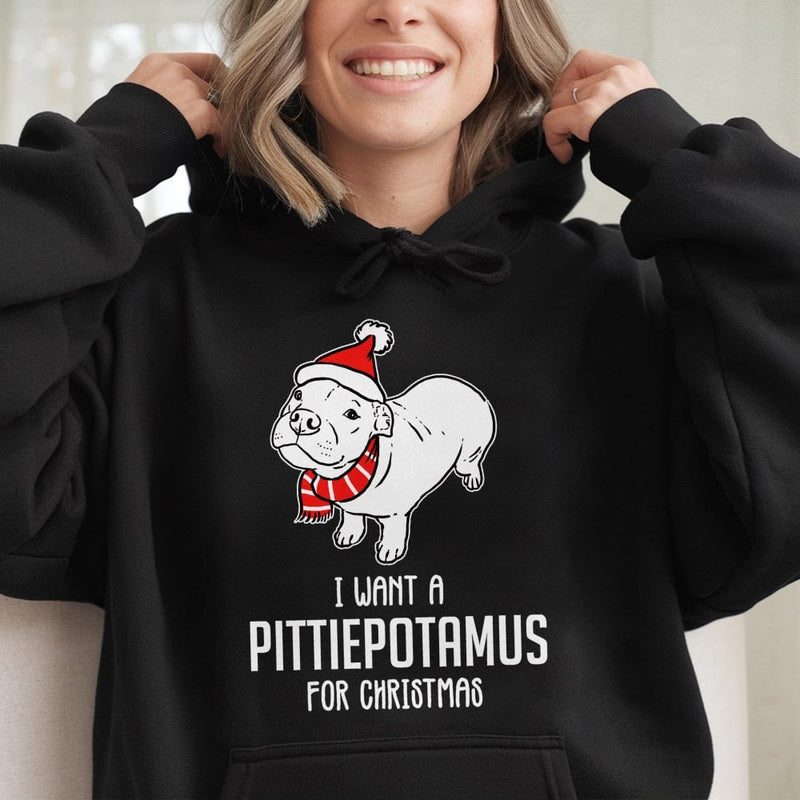 Adorable Pitbull Santa Hat Hooded Sweatshirt, I Want A Pittiepotamus for Christmas Hoodie, Humorous Dog Lover Xmas Pullover, Bully Mom Present