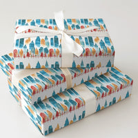 Urban Skyline Gift Wrap Roll, Watercolor Cityscape Christmas Wrapping Paper, Winter Holiday Tree Paper, Festive Season Packaging