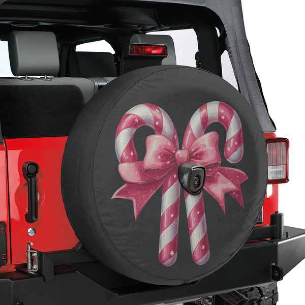 Pink Holiday Bow Tire Cover, Candy Cane Christmas Spare Tire Cover, Festive Xmas Wheel Cover, Waterproof RV Tire Cover, SUV P