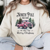 Pink Vintage Truck Christmas Crewneck, North Pole Tree Farm Sweatshirt, Coquette Holiday Tree Sweater, Adorable Winter Xmas Present Her