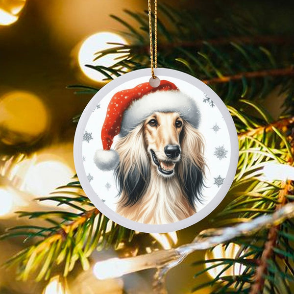 Elegant Dog Breed Ceramic Keepsake, Afghan Hound Santa Hat Christmas Ornament, Pet Holiday Tree Decor, Dog Lover Xmas Present