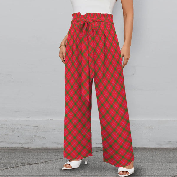 Tartan Print Elastic Waist Palazzo Pants with Pockets, Christmas Plaid Wide Leg Pants, Holiday Loungewear Trousers, Xmas Pres