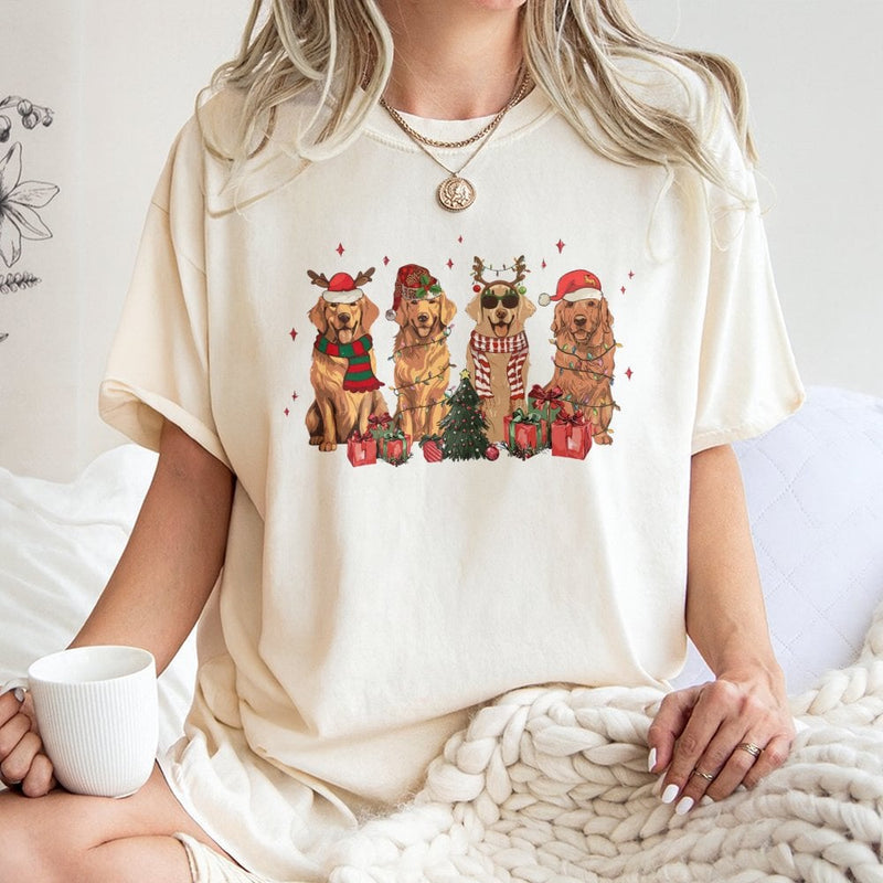 Festive Dog Mom Holiday Graphic Tee, Golden Retriever Christmas T-Shirt, Adorable Puppy Santa Hat Shirt, Winter Holiday Dog Lover T-Shirt