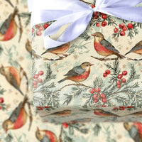 Winter Bird Botanical Gift Wrap, Vintage Robin Christmas Wrapping Paper, Pine Holly Berry Wrapping Paper, Rustic Holiday Present Wrap
