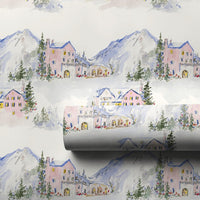 Winter Mountain Village Wrapping Paper, Pink Ski Lodge Wrapping Paper, Watercolor Alpine Holiday Gift Wrap, Christmas Wrapping Paper