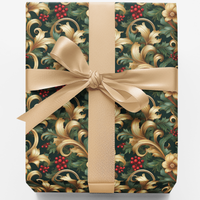 Luxury Botanical Christmas Gift Wrap, Baroque Evergreen Wrapping Paper, Ornate Gold Scroll Wrapping Paper, Elegant Holiday Wrapping Paper