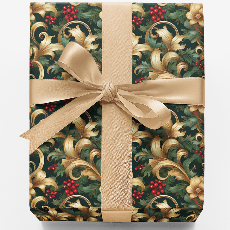 Luxury Botanical Christmas Gift Wrap, Baroque Evergreen Wrapping Paper, Ornate Gold Scroll Wrapping Paper, Elegant Holiday Wrapping Paper