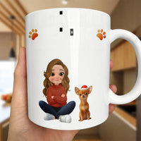 Chibi Girl Christmas Puppy Holiday Mug, Adorable Chihuahua Dog Mom Ceramic Mug, Festive Pet Lover Coffee Cup, Xmas Dog Parent Present 11oz 15oz