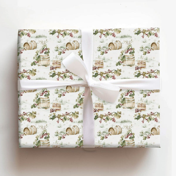 Rustic Wine Barrel Gift Wrap, Winter Vineyard Christmas Wrapping Paper, Snowy Grapevine Wrapping Paper, Holiday Wine Lover Gi