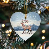 Snowy Winter Ceramic Christmas Ornament, Folk Art Reindeer Heart Ornament, Rustic Woodland Tree Decor, Animal Lover Holiday Keepsake