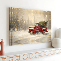Snowy Winter Forest Tree Canvas Printable, Christmas Red Truck Digital Download, Rustic Farmhouse Xmas Wall Decor, Holiday Art Poster