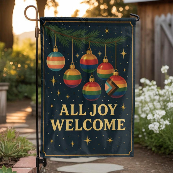 All Joy Welcome Holiday Yard Flag, LGBTQ Pride Garden Flag, Rainbow Christmas Ornaments Outdoor Flag, Inclusive Holiday Garde