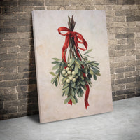 Christmas Botanical Print with Red Ribbon, Vintage Mistletoe Wall Art, Festive Holiday Poster, Digital Download Winter Wall Decor Print