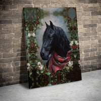 Christmas Equestrian Canvas Print, Black Horse Canvas Wall Art, Holiday Plaid Scarf Horse Canvas, Farmhouse Wall Decor, Horse Lover Present