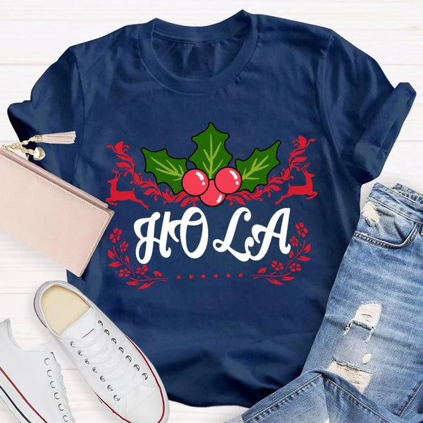 Festive Spanish Teacher Holiday Shirt, Hola Merry Christmas Elk Bilingual Teacher T-Shirt, Latinx Educator Graphic Tee