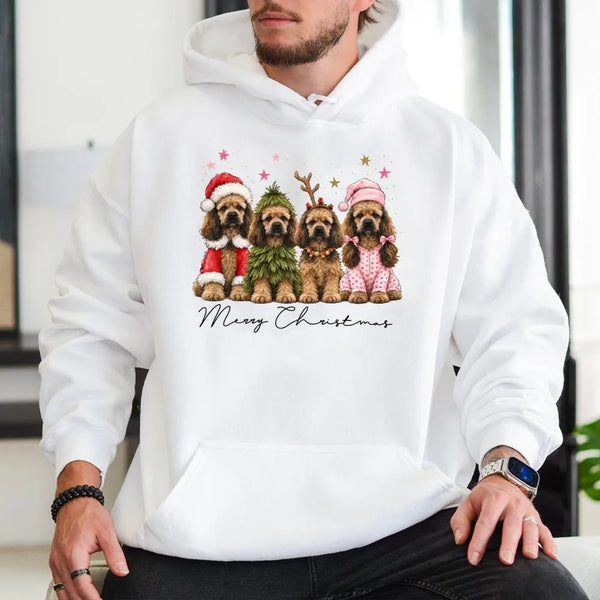 Merry Christmas Dog Hooded Sweatshirt, Cocker Spaniel Christmas Hoodie, Vintage Dog Mom Holiday Hoodie, Festive Xmas Dog Love