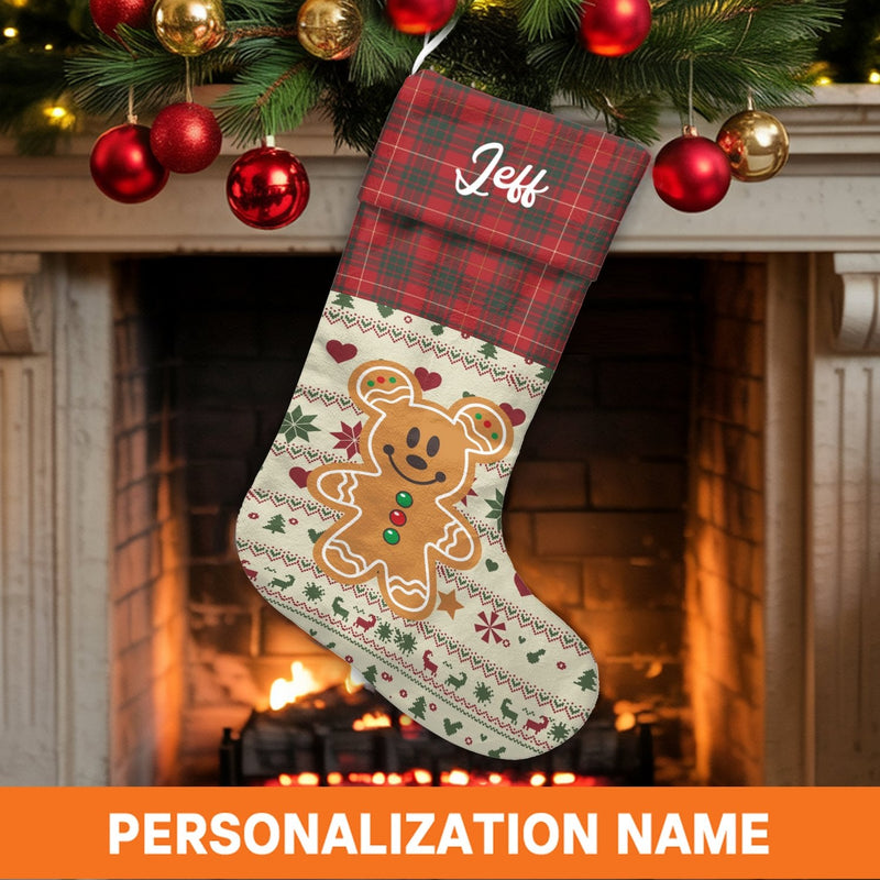 Red Plaid Cuff Holiday Stocking, Personalized Gingerbread Bear Christmas Stocking, Velboa Custom Christmas Stocking, Comfy Family Xmas Decor