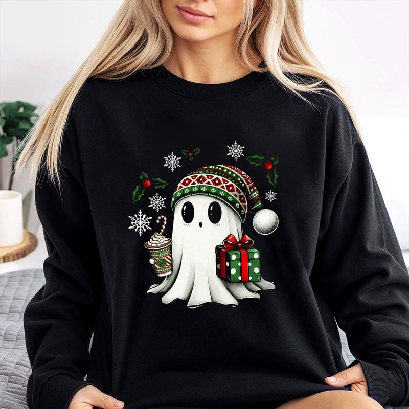 Adorable Spooky Festive Ghost Holiday Sweater, Christmas Ghost Sweatshirt, Humorous Christmas Season Graphic Crewneck, Comfy Xmas Winter Pullover