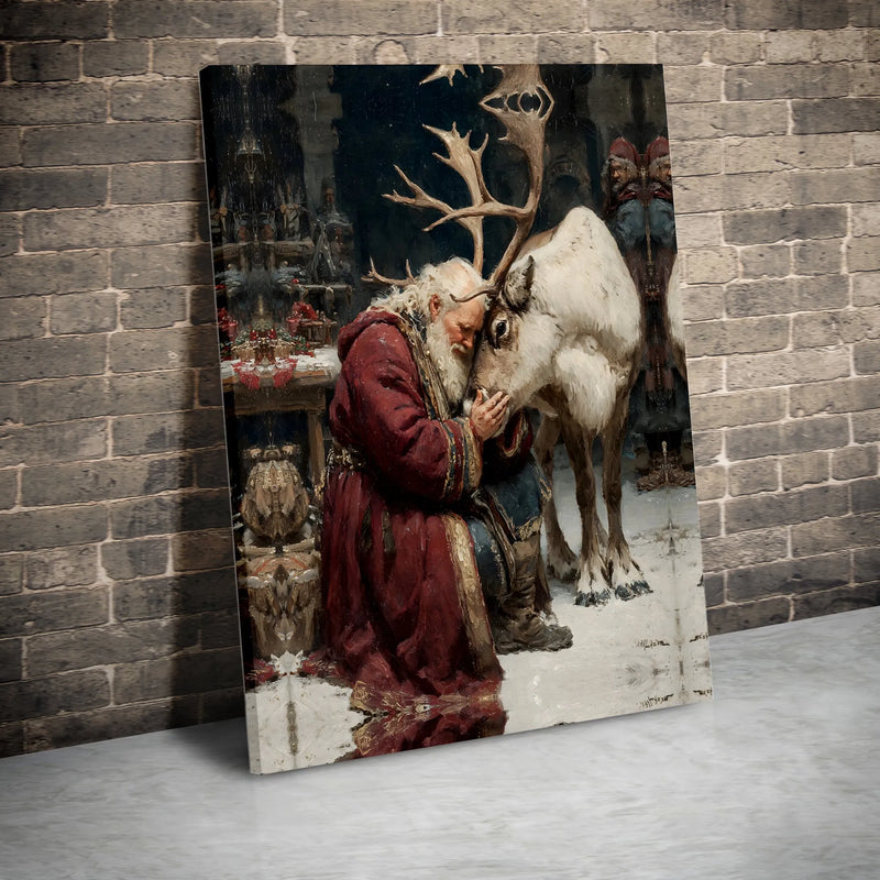 Vintage Christmas Oil Painting Canvas Print, Santa Claus and Reindeer Canvas Wall Art, Holiday Canvas Art, Rustic Winter Wall Decor Present