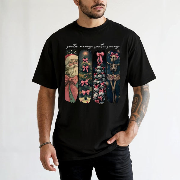 Retro Spooky Holiday Shirt, Sorta Merry Sorta Scary Christmas T-Shirt, Halloween Christmas Graphic Tee, Festive Creepy T-Shir