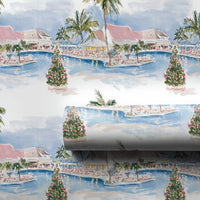 Coastal Resort Watercolor Gift Wrap, Tropical Beach Christmas Wrapping Paper, Ocean Palm Tree Wrapping Paper Roll