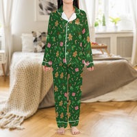 Holiday Cookie Satin Pajama Set, Gingerbread Christmas Pajamas, Festive Gingerbread Sleepwear, Adorable Winter Button Up PJs, Xmas Present for Her