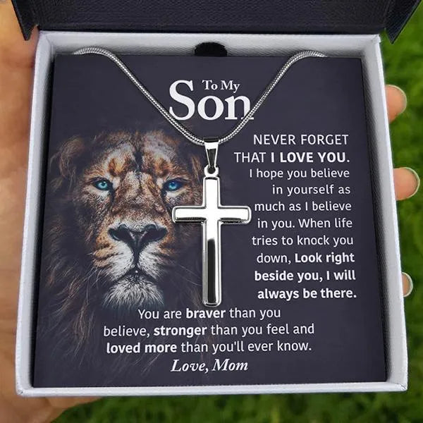 Religious Stainless Steel Pendant Necklace, To My Son Cross Necklace, Faith Keepsake Jewelry, Birthday Christmas Present for Son from Mom