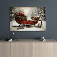 Snowy Winter Forest Canvas Print, Vintage Christmas Sleigh Canvas Art, Holiday Landscape Canvas Decor, Rustic Seasonal Wall Painting Present