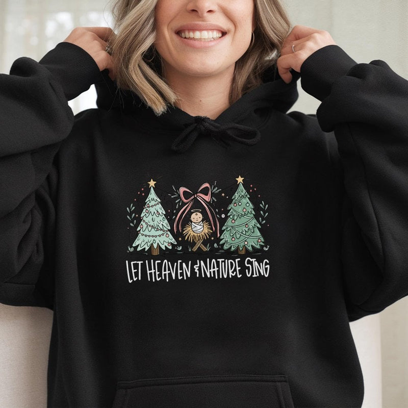 Whimsical Nativity Trees Graphic Sweatshirt, Let Heaven and Nature Sing Christmas Hoodie, Christian Holiday Pullover, Faith Winter Present