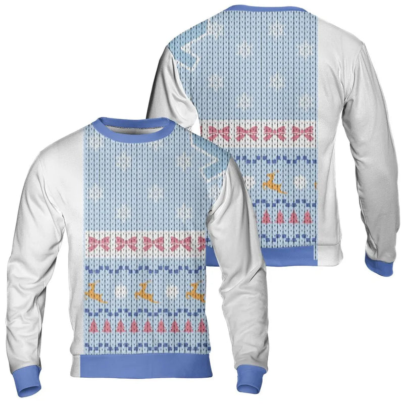 Reindeer Bows Holiday Sweater, Light Blue Reindeer Ugly Christmas Sweatshirt, Adorable Reindeer Christmas Crewneck, Festive Xmas Pullover