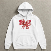 Red Striped Ribbon Sweatshirt, Christmas Bow Hoodie, Adorable Holiday Bow Hooded Pullover, Festive Christmas Graphic Hoodie, Xmas Present