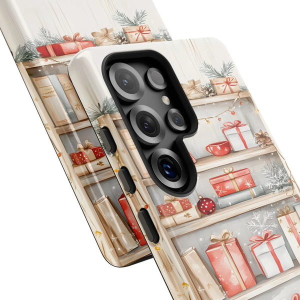 Watercolor Holiday Presents Phone Case, Christmas Shelf Phone Case Samsung Galaxy, Festive Ornaments Tough Phone Cover, Xmas 