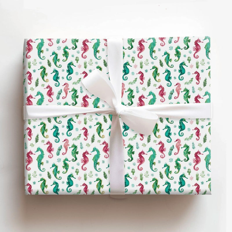 Coastal Nautical Wrapping Paper, Watercolor Seahorse Christmas Wrapping Paper, Beach Holiday Wrapping Paper, Ocean Sea Life Xmas Gift Wrap