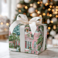 Snowy Winter Village Gift Wrap, Pink Christmas Wrapping Paper, Pastel Church Town Wrapping Paper, Retro Holiday Present Gift Wrap Roll