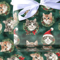 Santa Hat Kitten Gift Wrap, Christmas Cat Wrapping Paper, Holiday Wreath Cat Wrapping Paper, Festive Green Holiday Pet Lover Gift Wrap Roll