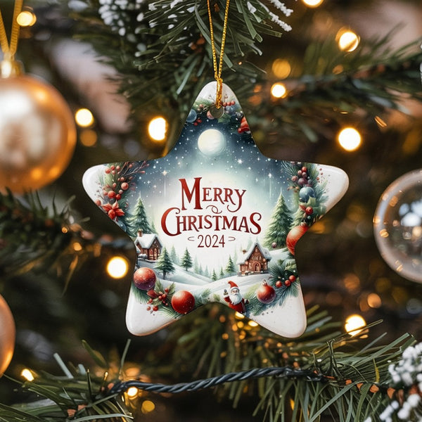 Snowy Winter Village Ornament, Merry Christmas 2024 Star Ornament, Santa Ceramic Tree Ornament, Holiday Star Keepsake Ornamen