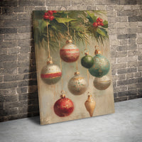 Holly Berries Painting Print, Vintage Christmas Ornaments Canvas Wall Art, Antique Baubles Canvas Decor, Traditional Holiday Home Present