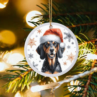 Santa Hat Dog Ceramic Ornament, Black and Tan Coonhound Christmas Ornament, Snowflake Puppy Tree Ornament, Dog Lover Holiday Keepsake Present