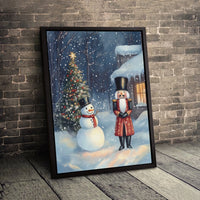 Snowy Winter Scene Canvas Print, Nutcracker and Snowman Christmas Wall Art, Whimsical Holiday Canvas Decor, Festive Christmas Present
