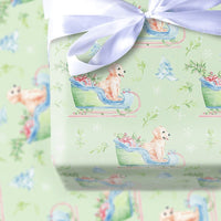 Watercolor Puppy Christmas Gift Wrap, Golden Retriever Sleigh Wrapping Paper, Holiday Dog Sleigh Wrapping Paper, Adorable Pet Present Packaging