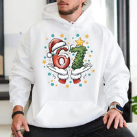 Humorous Santa Hands Number Meme Hoodie, 67 Christmas Hoodie, Holiday Party Humor Hooded Sweatshirt, Adorable Xmas Graphic Pullover Present