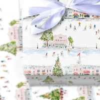 Watercolor Town Square Gift Wrap, Ice Skating Winter Village Wrapping Paper, Festive Christmas Wrapping Paper, Holiday Season Gift Wrap Roll