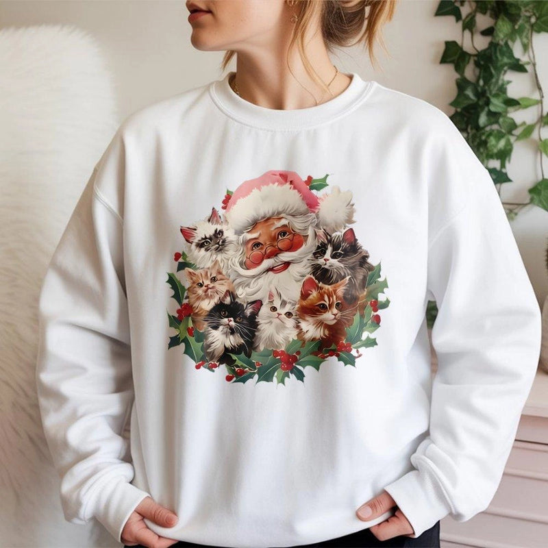 Adorable Kitten Holiday Sweatshirt, Santa Claus with Cats Christmas Sweatshirt, Festive Pet Lover Crewneck Sweatshirt, Cat Mom Graphic Pullover