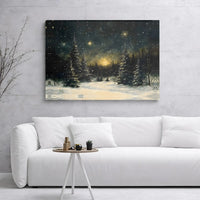 Snowy Night Landscape Glowing Stars Print, Winter Forest Canvas Wall Art, Christmas Pine Tree Decor, Magical Holiday Night Art Canvas