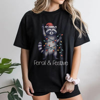 Humorous Trash Panda Xmas Shirt, Feral and Festive Raccoon Christmas T-Shirt, Retro Holiday Animal Graphic Tee, Adorable Raccoon Winter T-Shirt