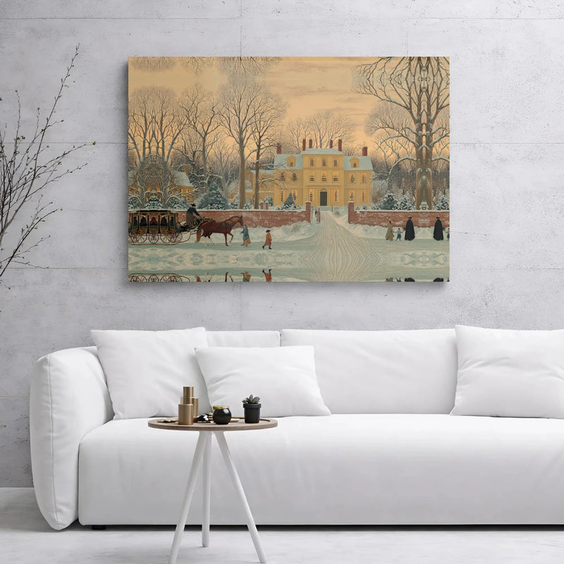 Snowy Landscape Horse Sleigh Wall Art, Colonial Winter Mansion Canvas Print, Traditional Holiday Canvas, Vintage Christmas Wall Decor