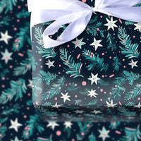 Star Pattern Gift Wrap, Teal Pine Wrapping Paper, Navy Blue Celestial Wrapping Paper, Winter Pine Gift Wrap, Christmas Wrapping Paper Roll